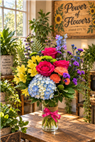 Colorful Wishes Bouquet with blue hydrangea hot pink roses yellow alstroemeria orange carnations blue delphinium purple statice and greenery in a clear glass vase