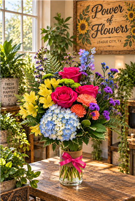 Colorful Wishes Bouquet with blue hydrangea hot pink roses yellow alstroemeria orange carnations blue delphinium purple statice and greenery in a clear glass vase