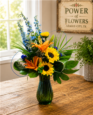 Bright mixed bouquet with sunflowers, orange lilies, blue delphinium, and greenery in a colored glass vase.