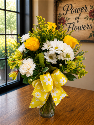 Bouquet with white daisies, yellow roses, carnations, and greenery finished with a yellow daisy-print bow.