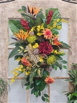 Large tropical artificial door swag with birds of paradise, ginger flowers, orchids, and lush silk greenery.