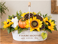 Artificial fall sunflower arrangement with pumpkins and lotus pods in Farm House Local container