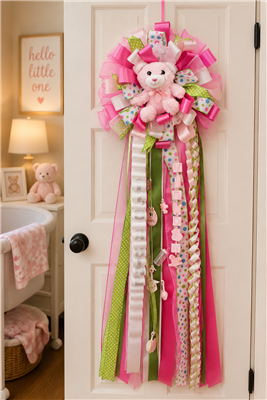Pink baby girl door mum with teddy bear, personalized ribbons and baby-themed accents