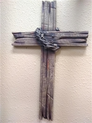 Brown Faux Wood & Barb Wire Cross