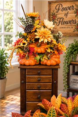 Harvest pumpkin and fall floral arrangement with orange, gold and cream seasonal flowers in League City