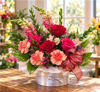 Red roses and pink carnations with greenery in a round hat box arrangement