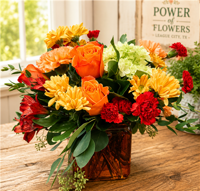 Orange and red bouquet with roses carnations alstroemeria and daisies in a glass vase