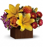 Bright bouquet of yellow lilies, orange roses, purple alstroemeria, and red asters in a cedar box
