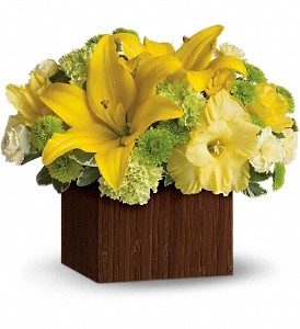 Yellow lilies, roses, green mums, and carnations arranged in a modern cedar box.