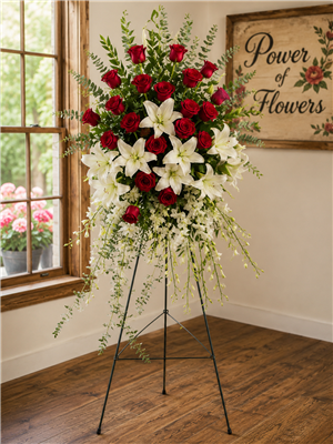 Red rose white lily and dendrobium orchid funeral standing spray