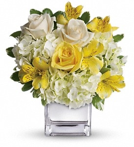 White hydrangea, yellow roses, crÃ¨me roses, and yellow alstroemeria arranged in a glass cube vase.