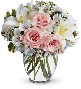 Delightful bouquet with light pink roses, white Asiatic lilies, alstroemeria, chrysanthemums, and statice arranged in a clear vase â€” approx. 10.5" x 11", all-around.